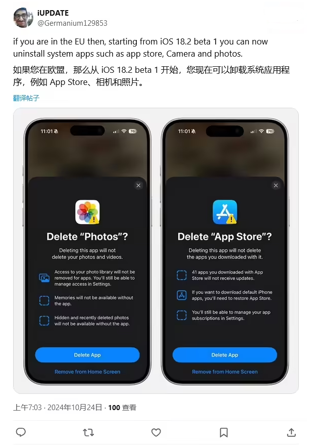 海沧苹果手机维修分享iOS 18.2 支持删除 App Store 应用商店 